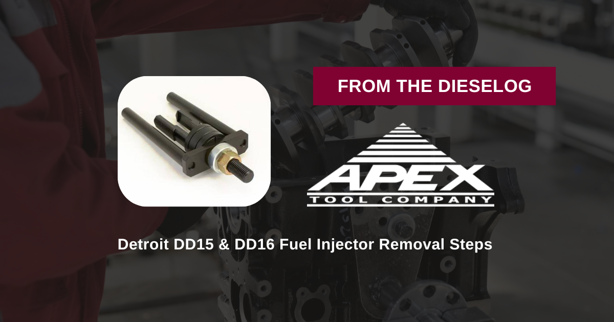 Step-by-step close up view of heavy-duty fuel injector puller tool mounted on an engine cylinder head deck